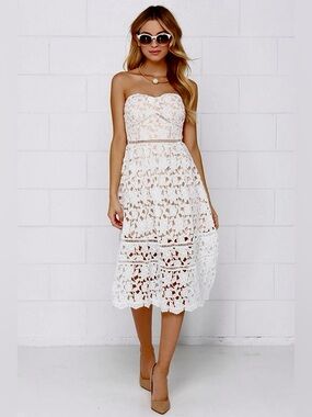 Chelsea lace overlay strapless midi dress white bridal, grad, engagement, shower